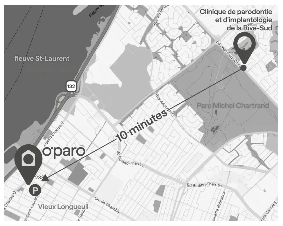 Carte du Vieux-Longueuil : la clinique O'paro, au 288, rue Saint-Charles Ouest, est à 10 minutes de l'ancienne Clinique de parodontie et d'implantologie de la Rive-Sud.